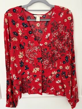H&M Red Floral V-Neck Peplum Blouse Long Sleeve Top - Size 12